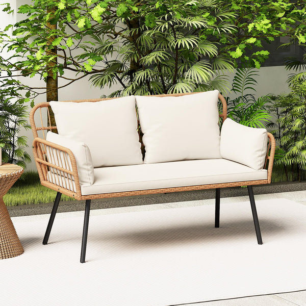 2-Seater Outdoor PE Rattan Loveseat Sofa with Cushions