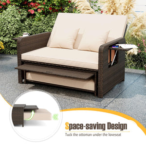 Outdoor Rattan Daybed with Storage Ottoman & Adjustable Backrest