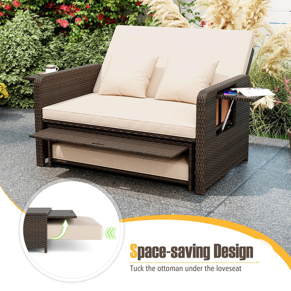 Outdoor Rattan Daybed with Storage Ottoman & Adjustable Backrest