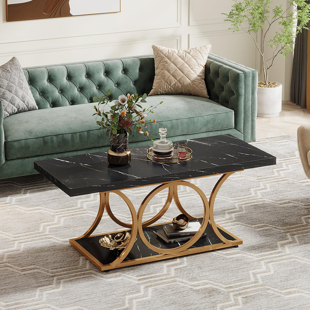 47" 2-Tier Rectangle Coffee Table with Faux Marble Top & Geometric Metal Legs