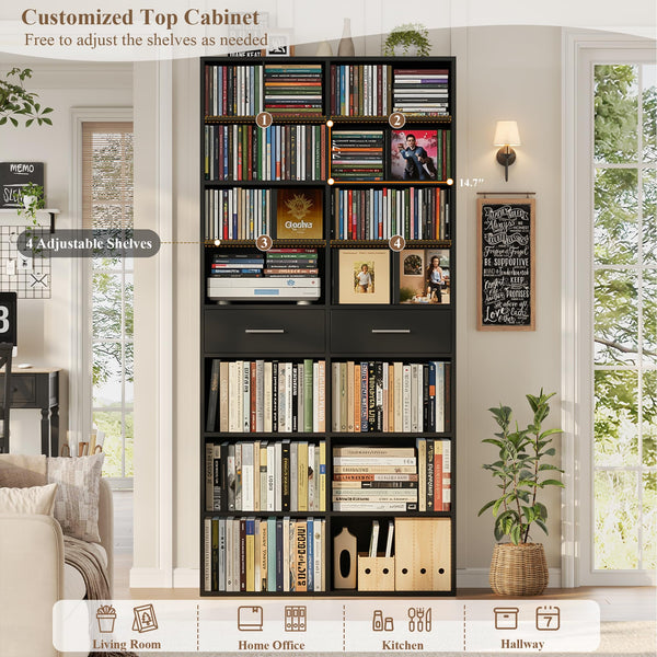 Tall Bookshelf with Drawers – 7-Tier Double Wide Bookcase