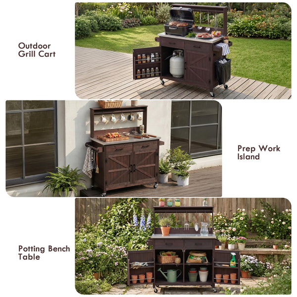 Outdoor Kitchen Island with High Shelf & Storage Cabinet