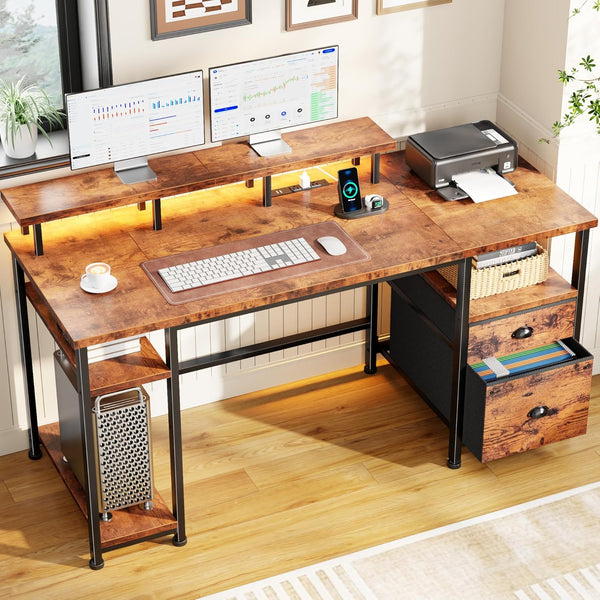 Gaming & Home Office Computer Desk with Power Outlets, LED Lights & Monitor Stand