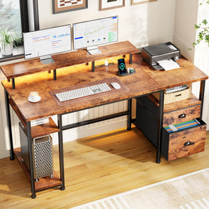 Gaming & Home Office Computer Desk with Power Outlets, LED Lights & Monitor Stand