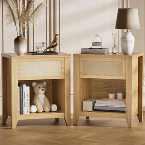 Boho Nightstands Set of 2 with Drawer and Storage Shelf