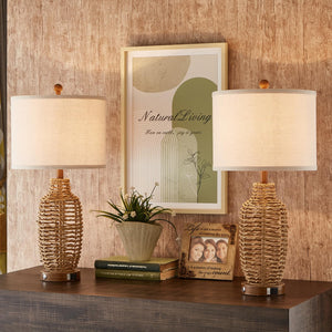 Rattan Table Lamps Set of 2 with USB Port & Dimmable Touch Control