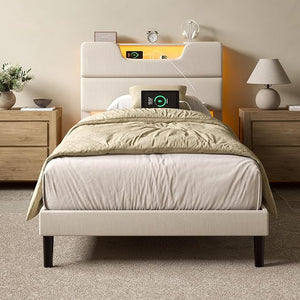 Queen Platform Bed with LED Lights & Charging Station