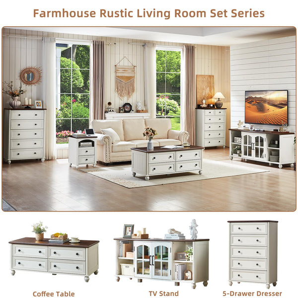 Farmhouse Coffee Table with 4 Drawers & Hidden Storage