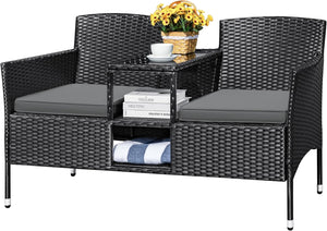 Outdoor Rattan Loveseat with Built-In Table & Storage