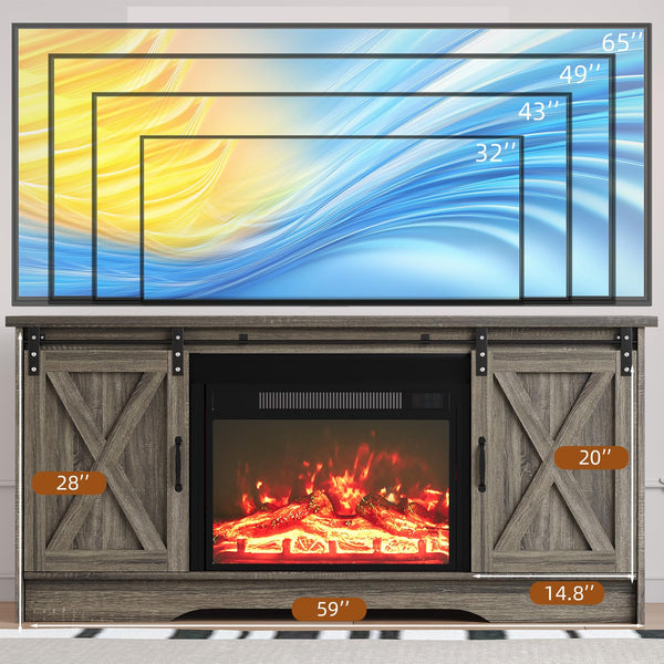 Farmhouse Fireplace TV Stand with Sliding Barn Door for 65" TVs