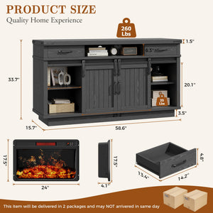 Farmhouse Fireplace TV Stand with LED Light & Sliding Barn Door