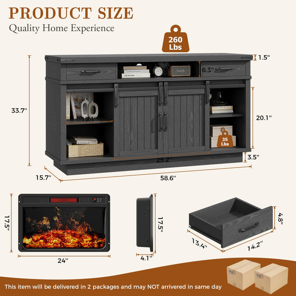 Farmhouse Fireplace TV Stand with LED Light & Sliding Barn Door