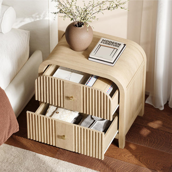 2-Drawer Nightstand with Wave-Fluted Front & Curved Top