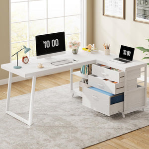 Reversible L-Shaped Computer Desk with Drawers & Shelves