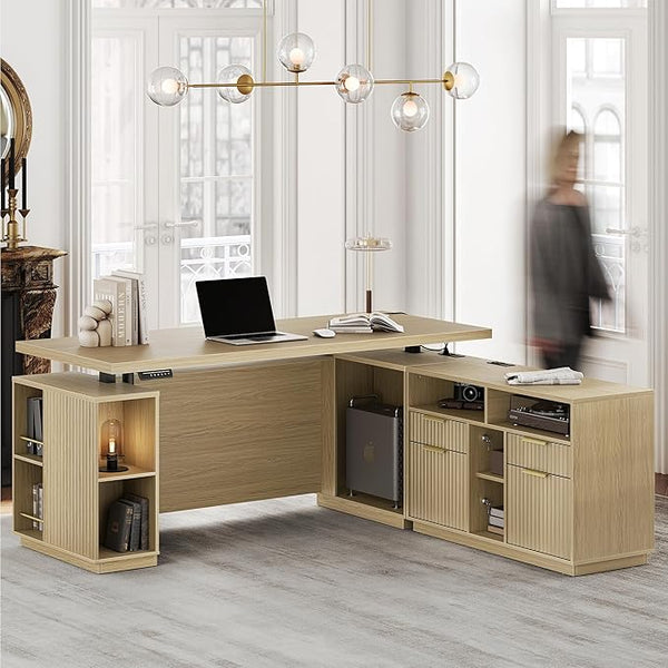 L-Shaped Electric Standing Desk with File Cabinet