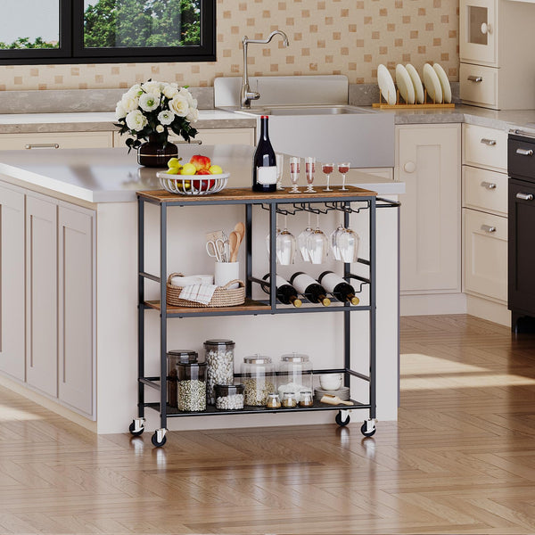 3-Tier Bar Cart with Wine Rack & Glass Holder