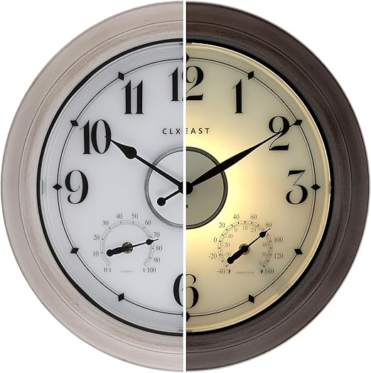 18-Inch Illuminated Outdoor Wall Clock with Thermometer & Hygrometer