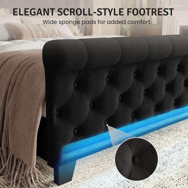 Upholstered Velvet Platform Bed Frame with LED Lights & Charging Ports