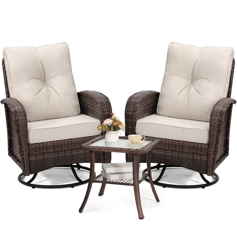 Outdoor Swivel Wicker Glider Patio Chair & Table Set with Cushions