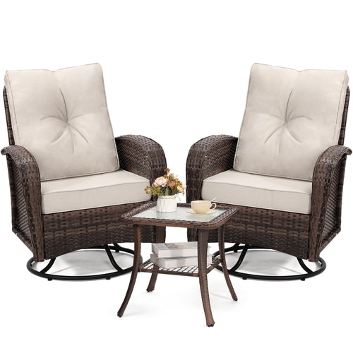 Outdoor Swivel Wicker Glider Patio Chair & Table Set with Cushions