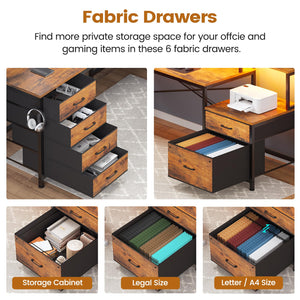 L-Shaped Desk with 6 Drawers, Monitor Shelf, Power Outlets & LED Lights