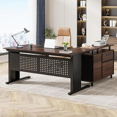 L-Shaped Executive Desk with File Cabinet and Storage Shelves