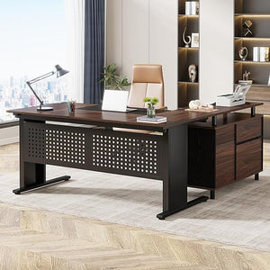 L-Shaped Executive Desk with File Cabinet and Storage Shelves