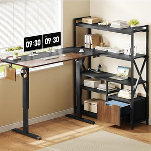 L-Shaped Electric Standing Desk with Hutch & Storage