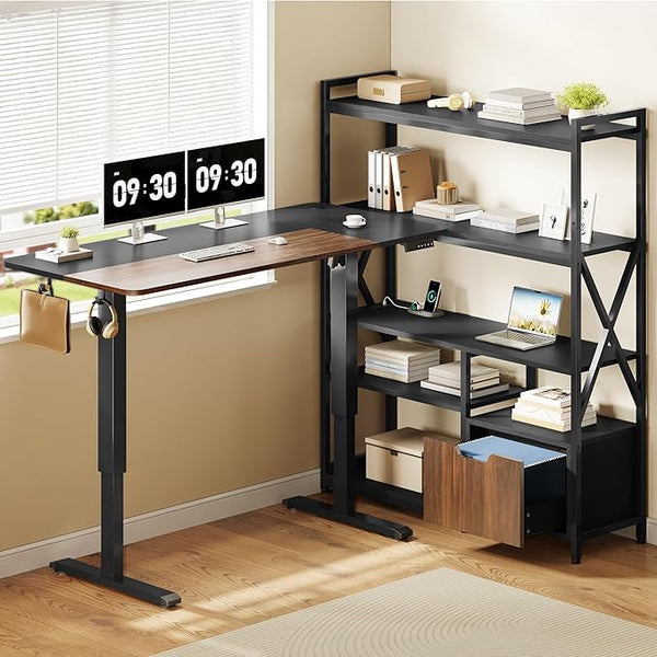 L-Shaped Electric Standing Desk with Hutch & Storage