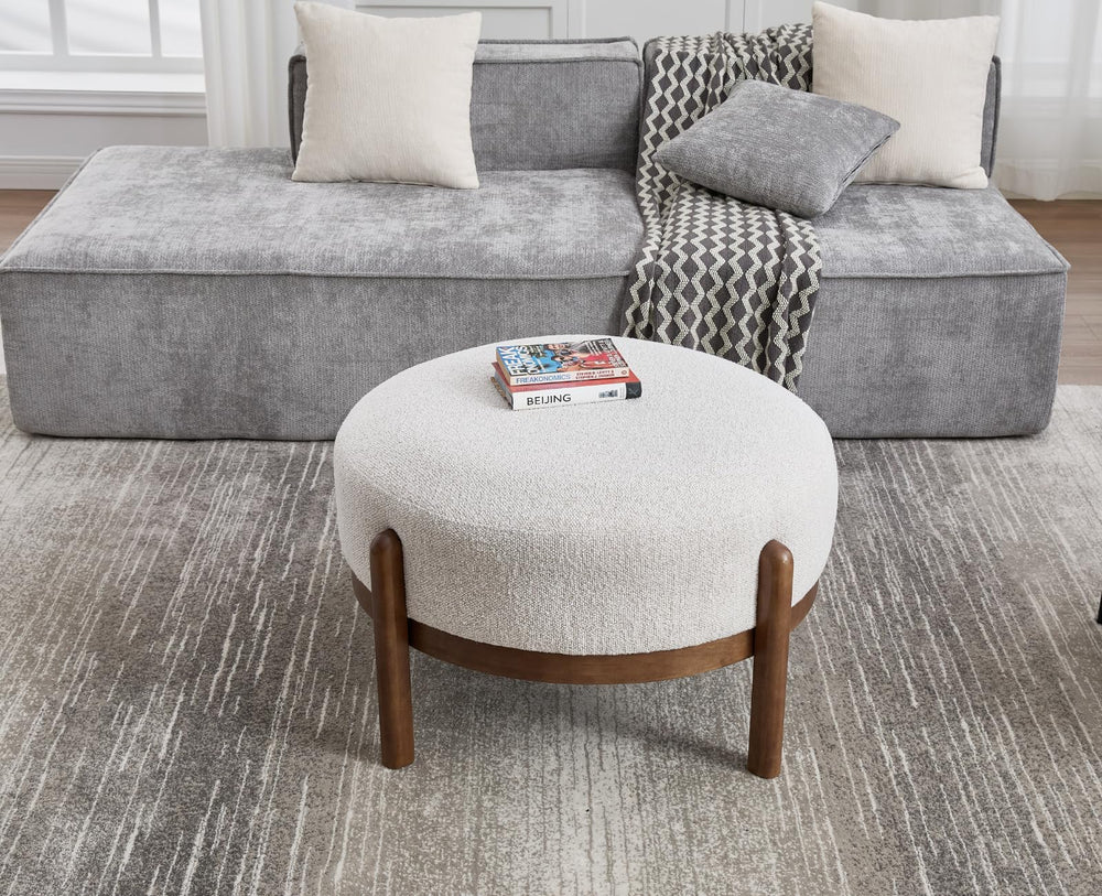 29" Round Ottoman Upholstered Footstool with Wooden Legs