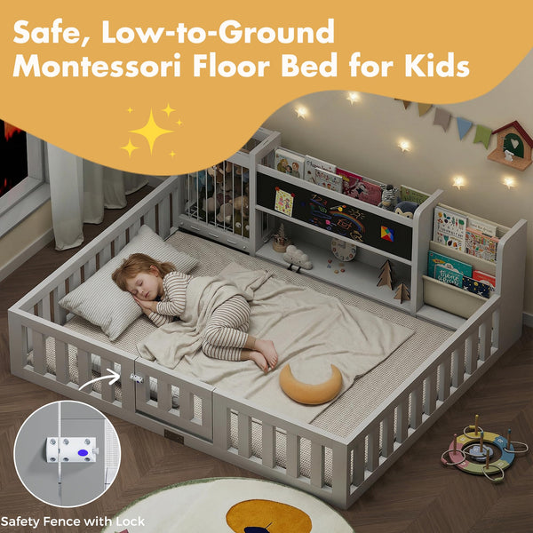 Montessori Floor Bed with Door, Guard Rails, Chalkboard & Bookshelf – Kids Bed Frame