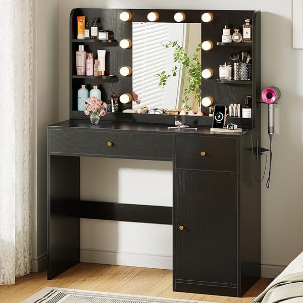 Vanity Desk with LED Mirror & Sliding Mirror