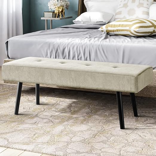 Corduroy Upholstered Entryway Bench with Metal Frame
