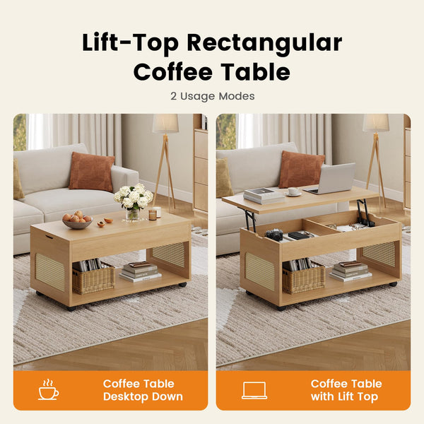 Lift-Top Coffee Table with Rattan Accents & Storage