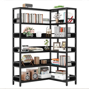 6-Tier L-Shaped Corner Bookshelf with Metal Frame