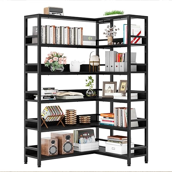 6-Tier L-Shaped Corner Bookshelf with Metal Frame