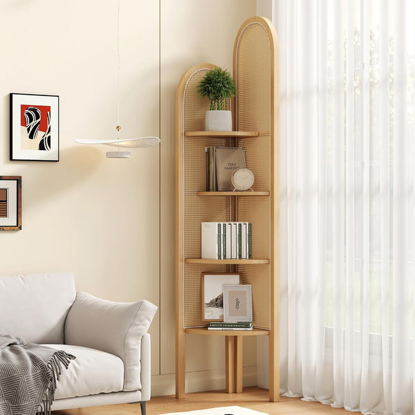 4-Tier Corner Shelf Stand with Rattan Weave