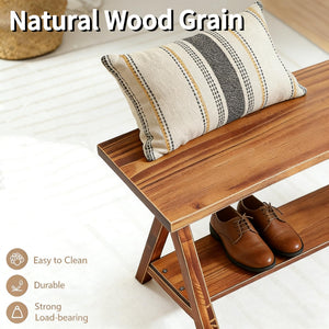 Rustic Solid Wood Entryway Bench with Storage Shelves