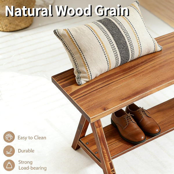 Rustic Solid Wood Entryway Bench with Storage Shelves