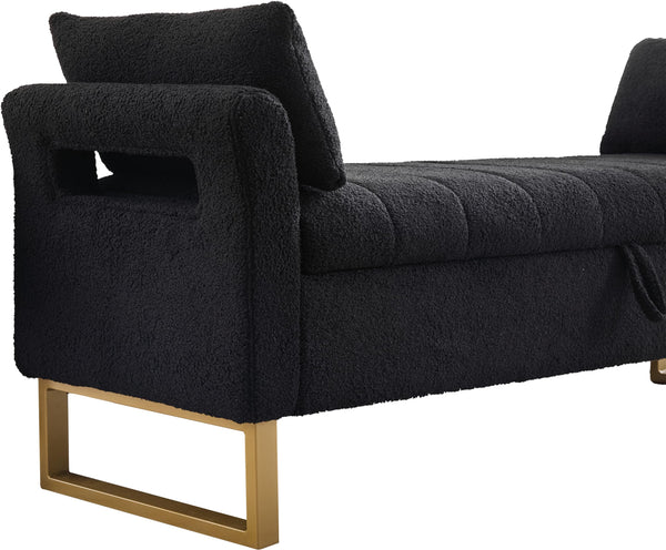 King Size Storage Bench with Arms, Boucle Fabric, Gold Legs, 2 Pillows