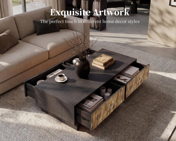 56" Storage Coffee Table with 4 Drawers | Solid Wood, Black Oak