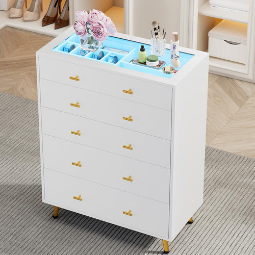 5-Drawer Dresser with LED Lights and Tempered Glass Top