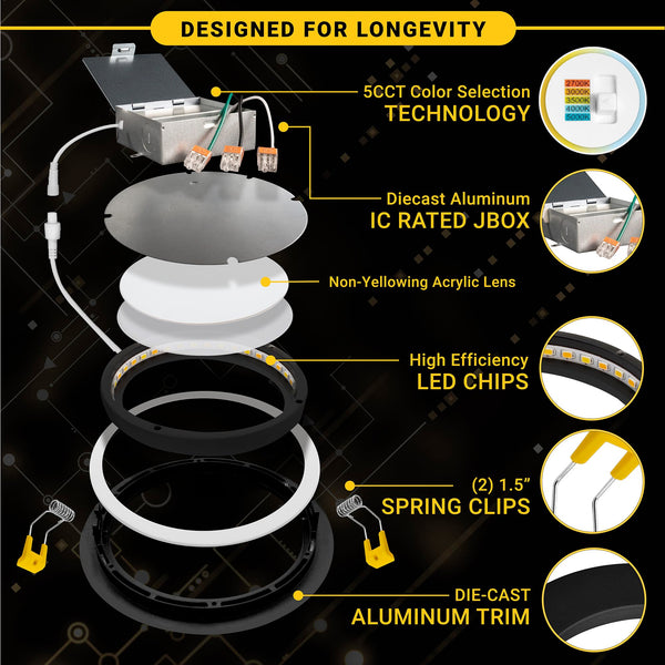 4-Inch Gimbal LED Recessed Light – 5CCT Selectable, Dimmable, Canless, 6-Pack