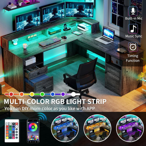 L-Shaped Computer Desk with Power Outlets, LED Lights & Lift Top – 60" Corner Desk with Drawers, Monitor Stand & File Cabinet