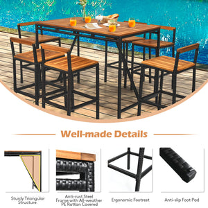 7-Piece Outdoor Acacia Wood Bar Set with 6 Bar Stools