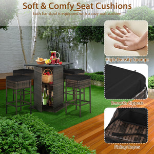 5-Piece Outdoor Wicker Bar Set with 4 Stools & Hidden Storage