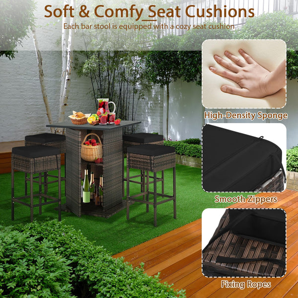 5-Piece Outdoor Wicker Bar Set with 4 Stools & Hidden Storage