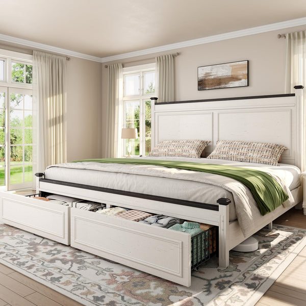 Farmhouse King Bed Frame with Storage Drawers & Headboard, White