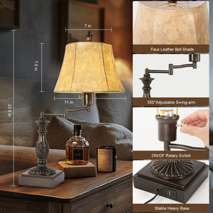 Rustic Swing Arm Table Lamp Set of 2 with USB A+C Ports