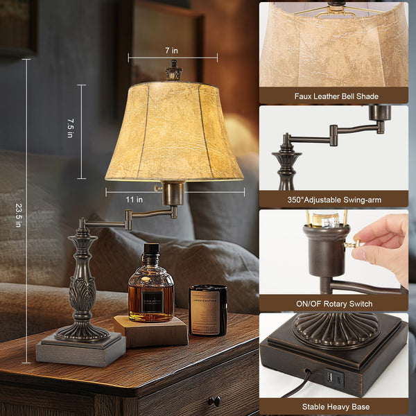 Rustic Swing Arm Table Lamp Set of 2 with USB A+C Ports